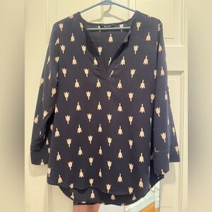 41 Hawthorn Blue Tulip Print Blouse V-Neck Long Sleeve Size M